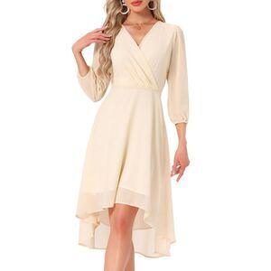 Women's Formal Chiffon Dress Asymmetrical Wedding Guest Midi Dresses Beige